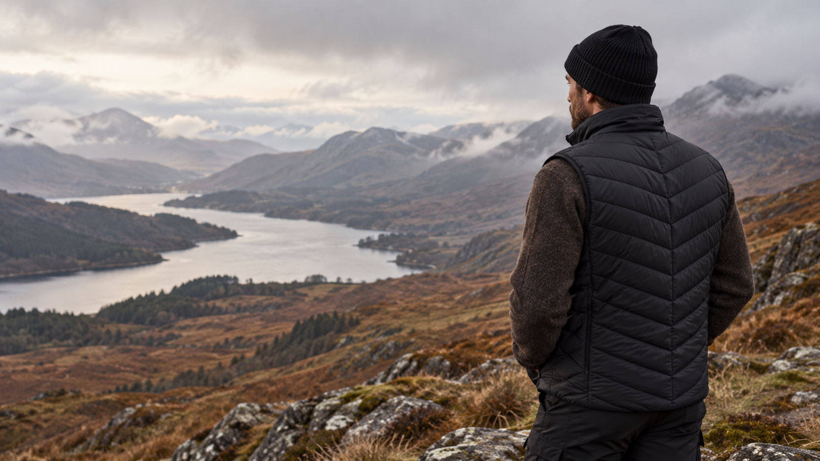 Hiker wearing a black quilted vest overlooking a quiet Highland valley and loch