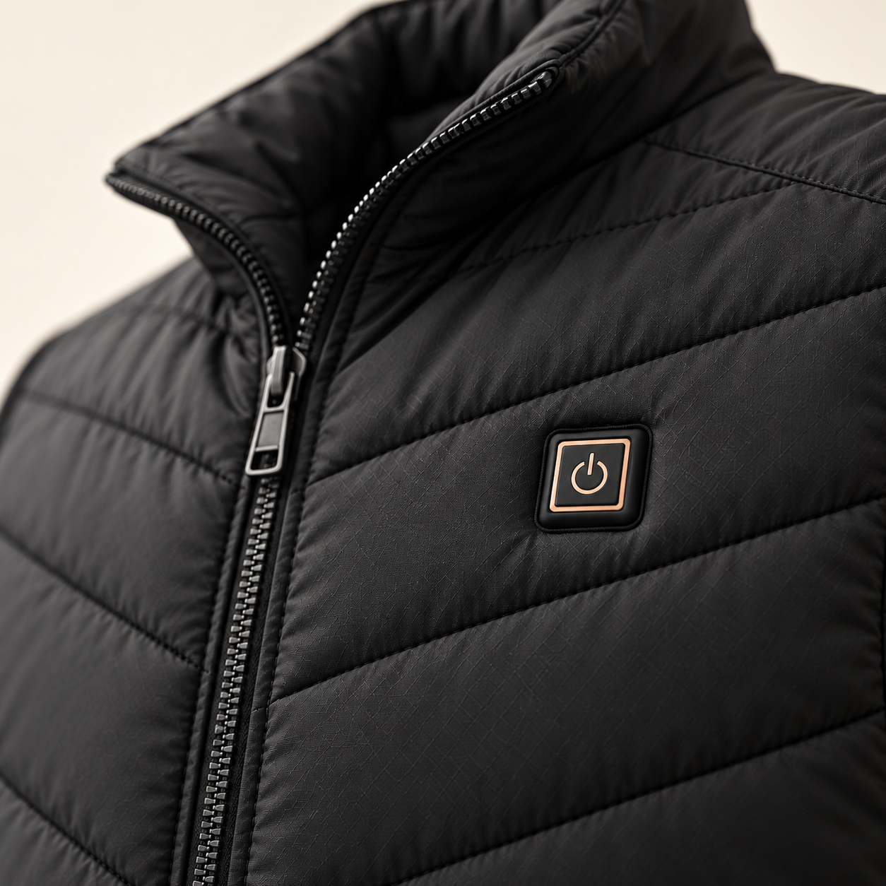 Close-up of the power button on the quilted chest