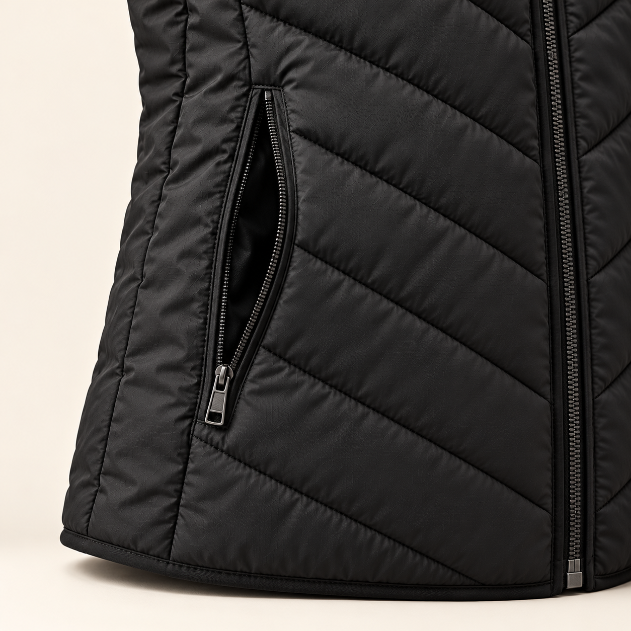 Close-up of the pocket zipper and hem