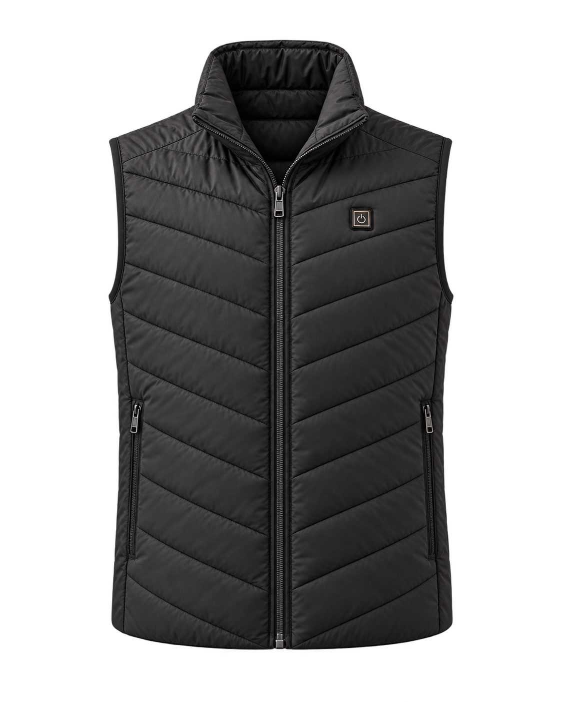 Front view of the black quilted heated vest
